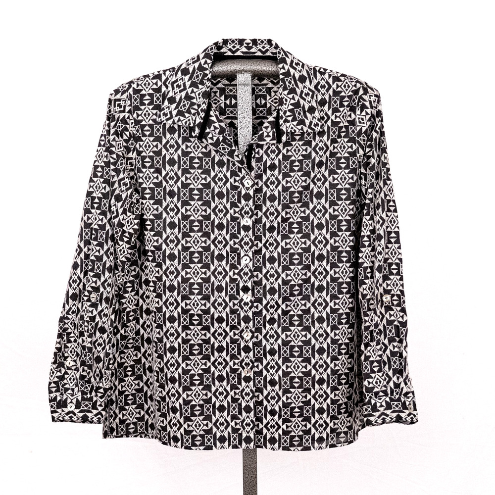 John Mark B&W Geometric Aztec Brocade Button-Up Art Blouse MEDIUM Velvet Accents